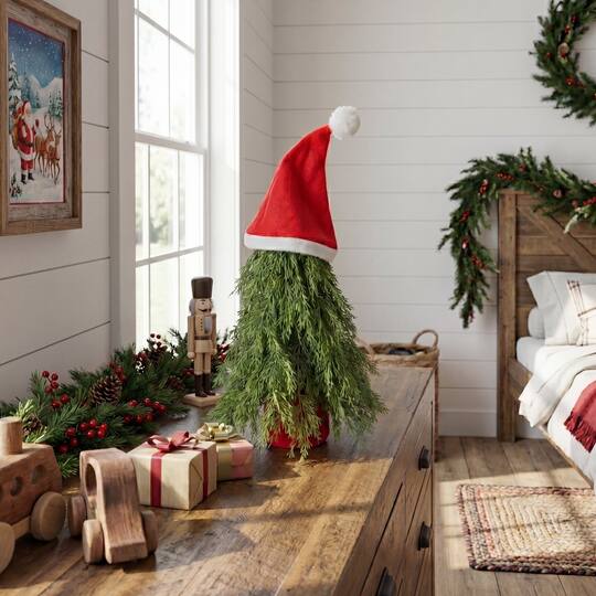 Nearly Natural 19" Unlit Artificial Down Swept Christmas Tree with Santa Hat Topper